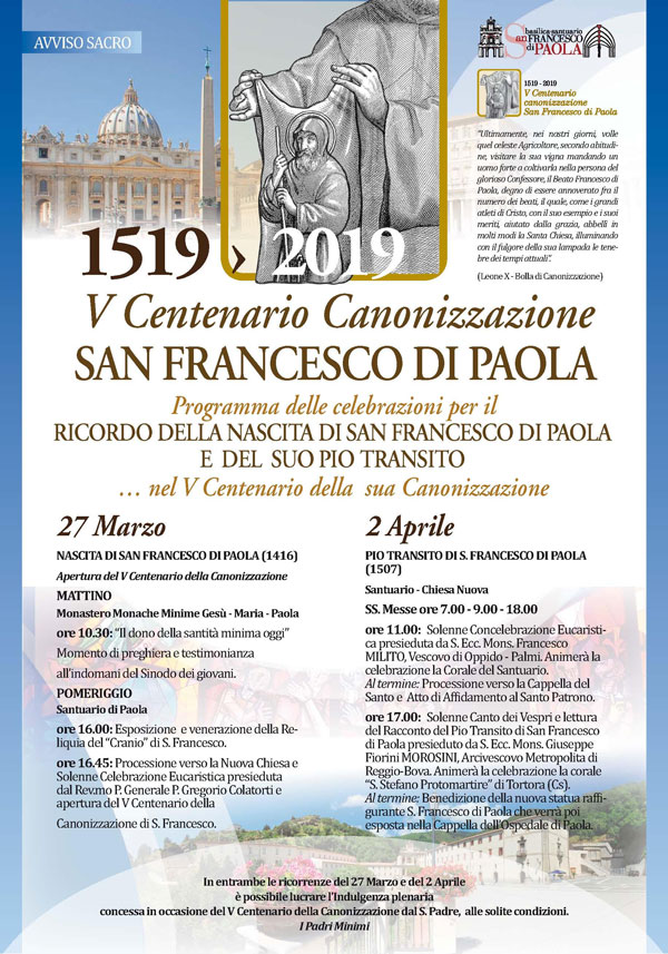 Centenario della Canonizzazione di San Francesco di Paola.