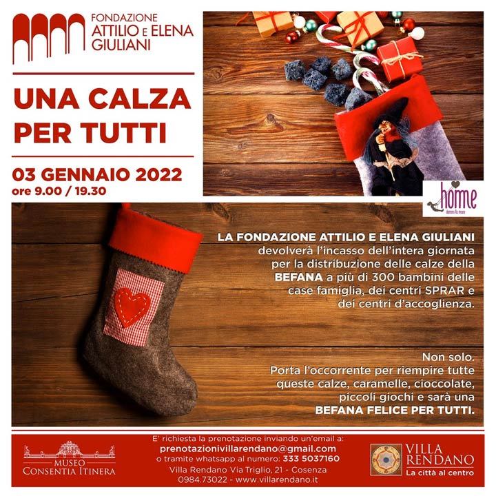 Il 3 gennaio a Villa Rendano l'iniziativa "Una calza per tutti"