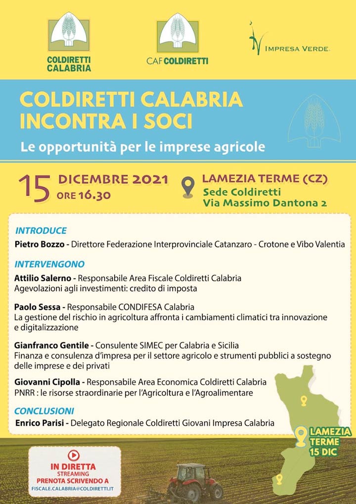 Mercoledì Coldiretti Calabria incontra a Lamezia gli agricoltori