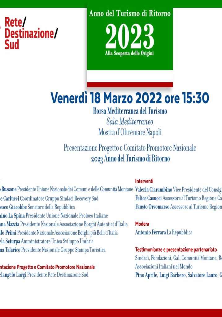 Alla Borsa del Turismo Mediterraneo di Napoli si presenta il progetto "2023: Anno del Turismo di ritorno"