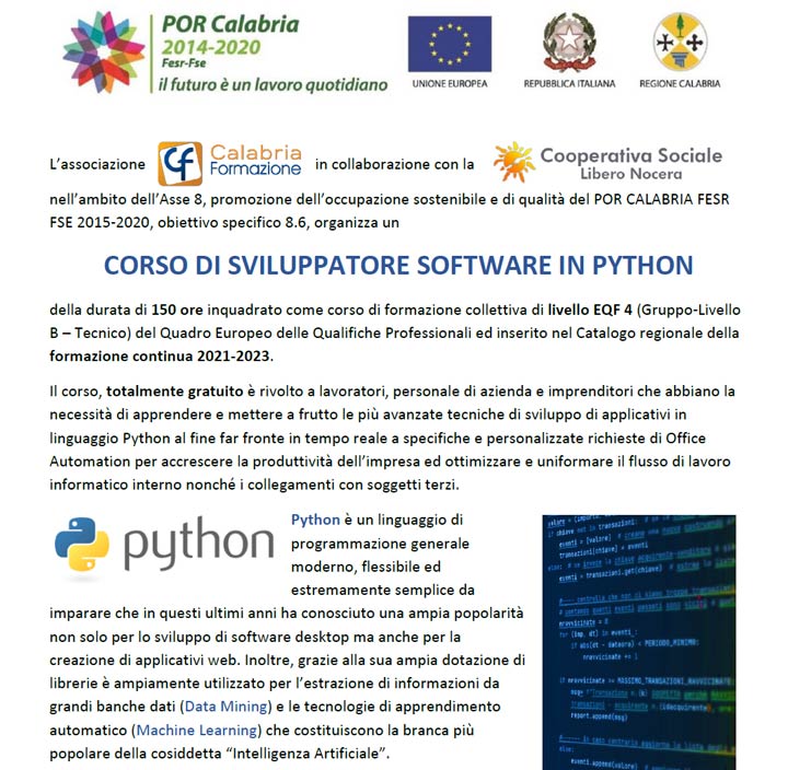 Il corso gratuito di sviluppatore software in python della Coop Libero Nocera e Calabria Formazione