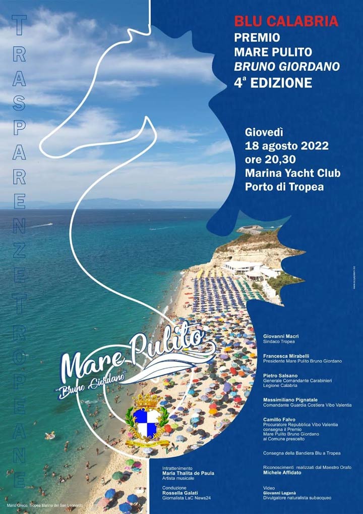 TROPEA - Il 18 agosto il Premio Blu Calabria "Mare Pulito Bruno Giordano"