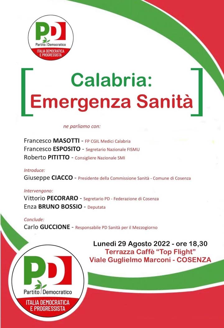 Lunedì l'incontro del PD "Calabria: Emergenza sanità"