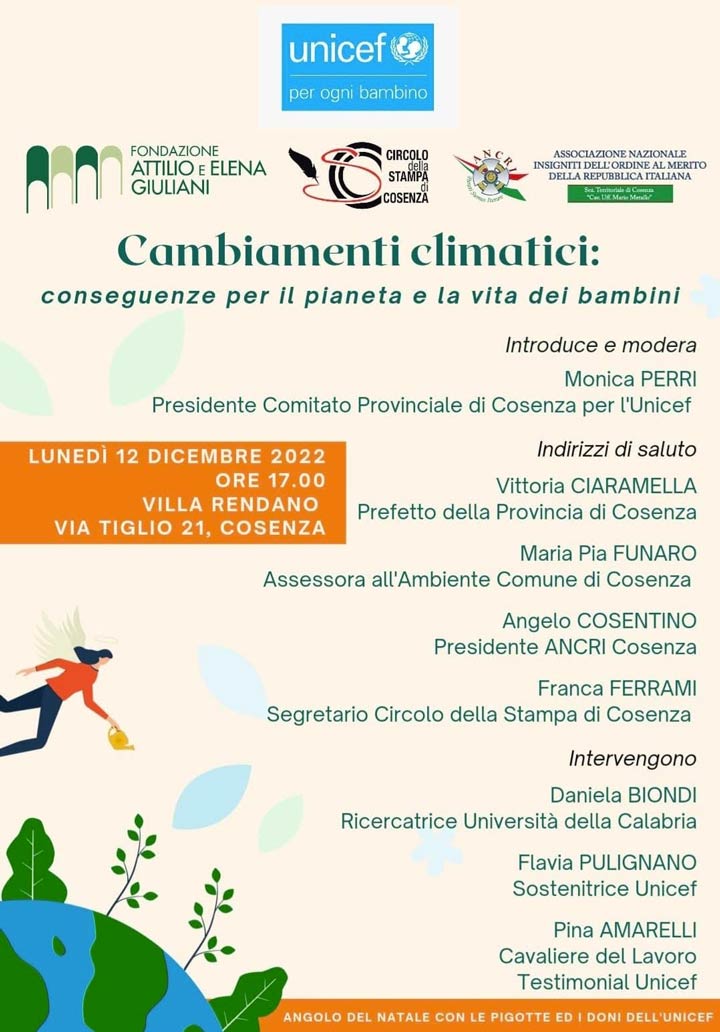 Lunedì a Villa Rendano l'incontro sui Cambiamenti climatici e le conseguenze sui bambini