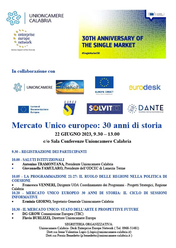Il 22 giugno l'evento "Marcato Unico Europeo" di Unioncamere Calabria