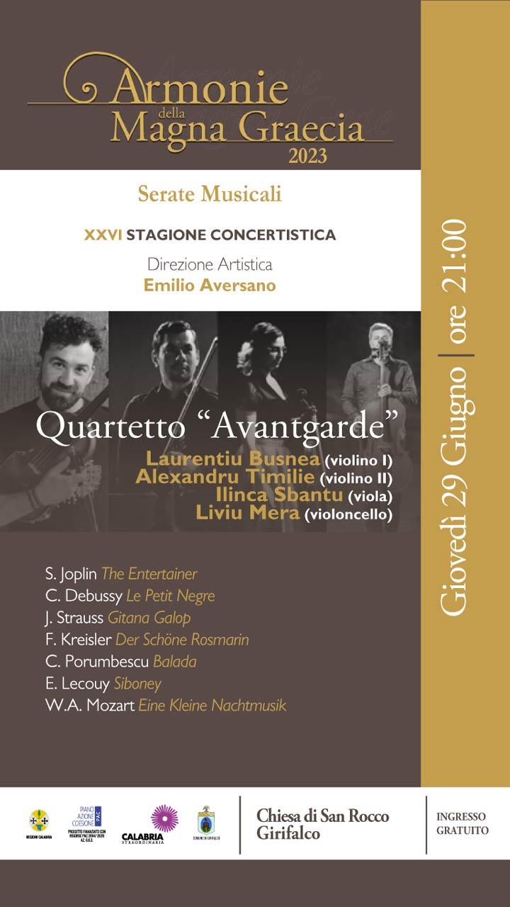 Domani il concerto del Wuartetto d'archi "Avantgarde"
