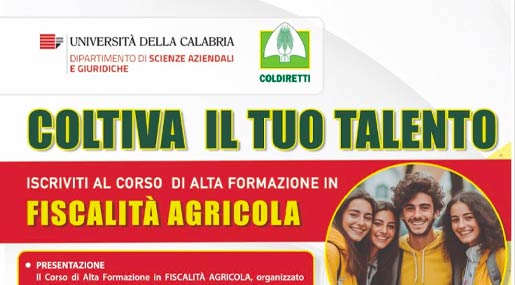 Coldiretti Calabria: All'Unical nasce corso di Alta Formazione in fiscalità agricola