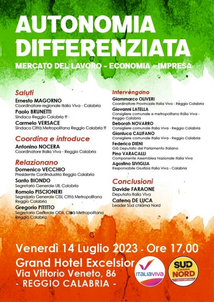 A Reggio il convegno sull'Autonomia di Italia Viva