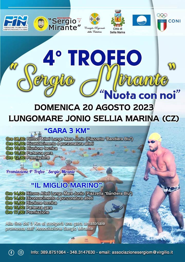 Il 20 agosto a Sellia Marina il quarto trofeo "Sergio Mirante / Nuota con noi"