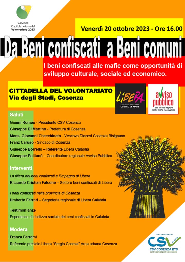 A Cosenza l'iniziativa "Da Beni confiscati a Beni comuni" di Libera