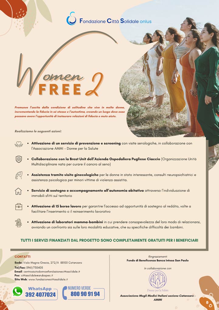 Il progetto "Women Free 2" della Fondazione Città Solidale Ammi Donne per la Salute