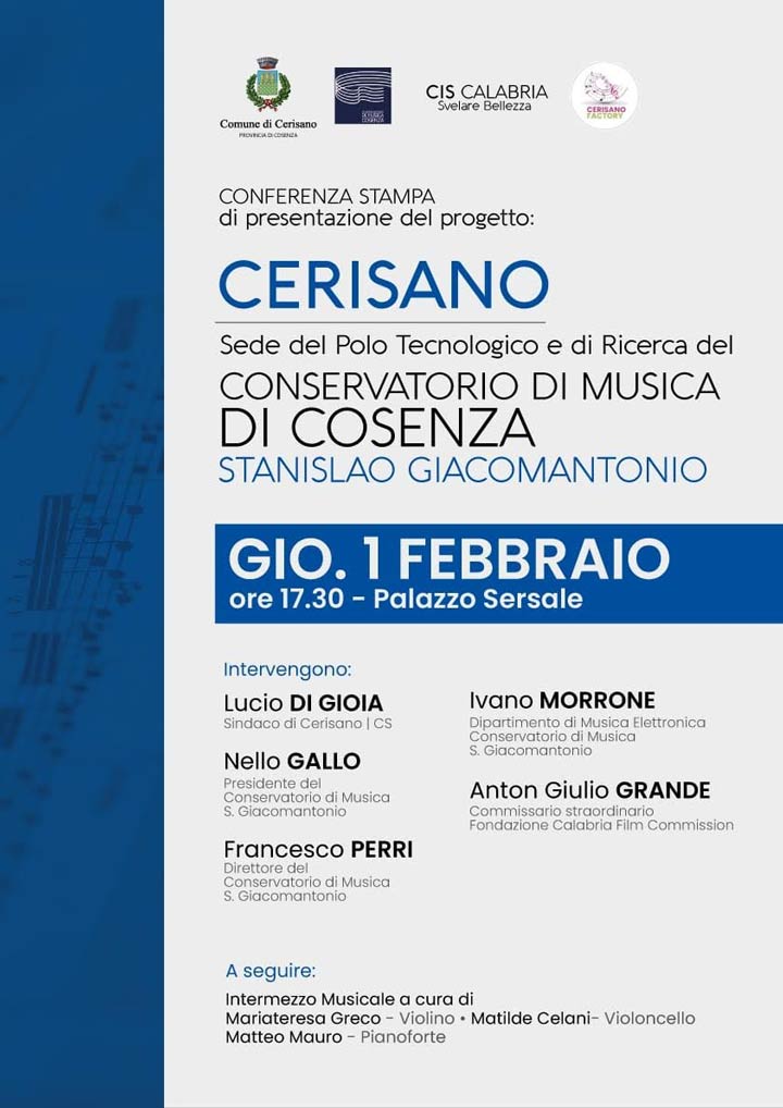 Si presenta il progetto "Cerisano, sede del Polo tecnologico e di Ricerca del Conservatorio di CS"