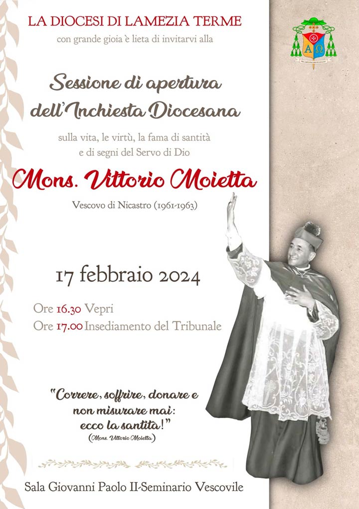 LAMEZIA TERME (CZ) - Convocata la sessione per l'apertura dell'inchiesta diocesana su monsignor Moietta