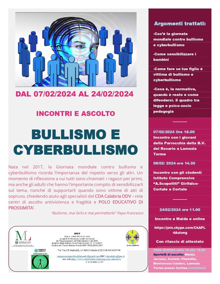 MAIDA (CZ) - Attivo lo sportello anti bullismo e cyberbullismo di Cda Calabria Odv