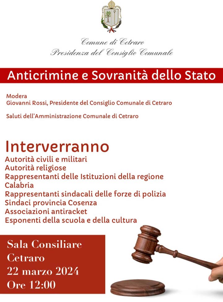 CETRARO (CS) - Venerdì il convegno “Anticrimine e Sovranità dello Stato”