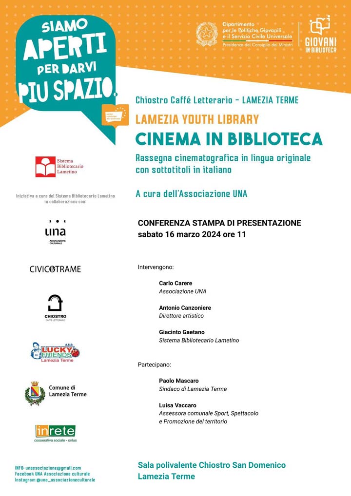 LAMEZIA TERME (CZ) - Domani conferenza stampa per presentare "Cinema in biblioteca"