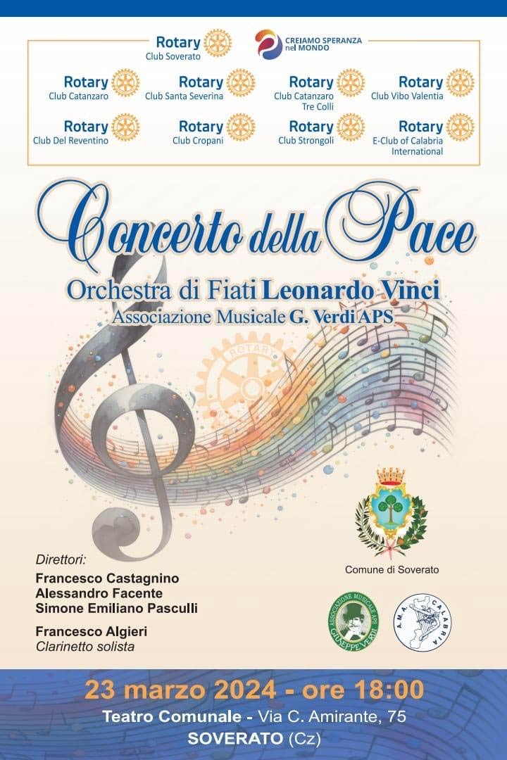 SOVERATO (CZ) - Sabato al Teatro Comunale il Concerto della pace organizzato dal Rotary
