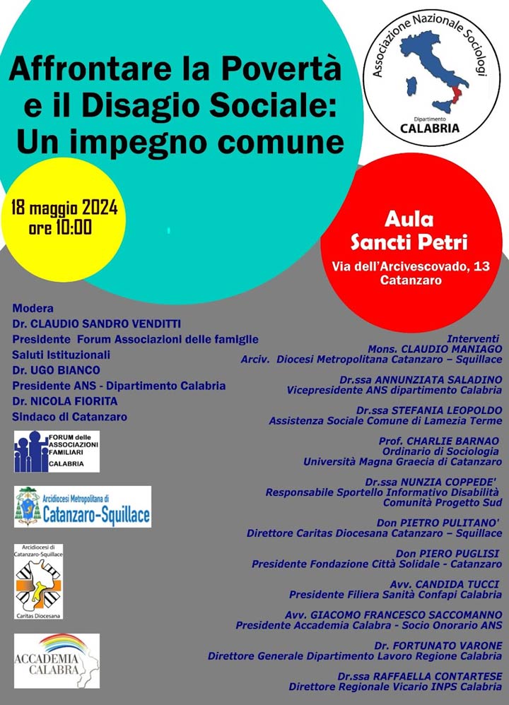 Venerdì a Catanzaro il convegno "Affrontare la povertà e il disagio sociale"