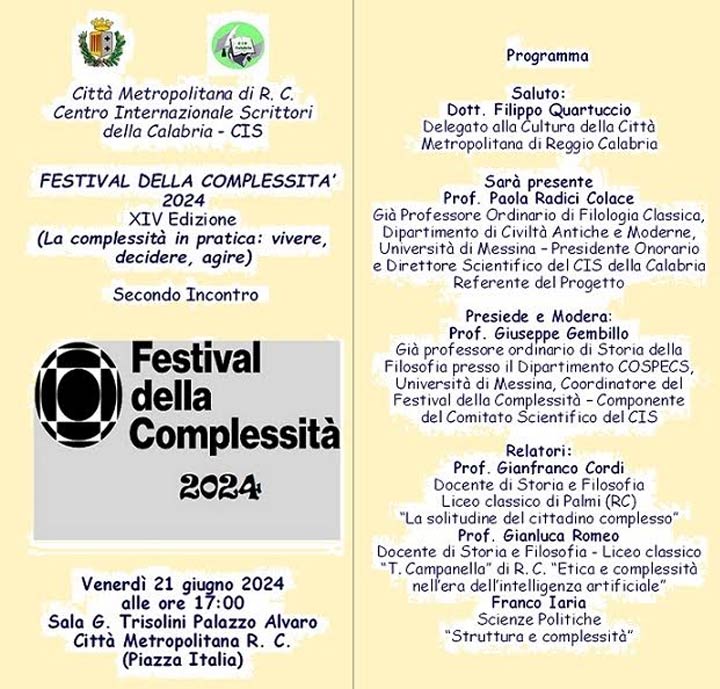 REGGIO - Domani il secondo incontro del Festival della Complessità