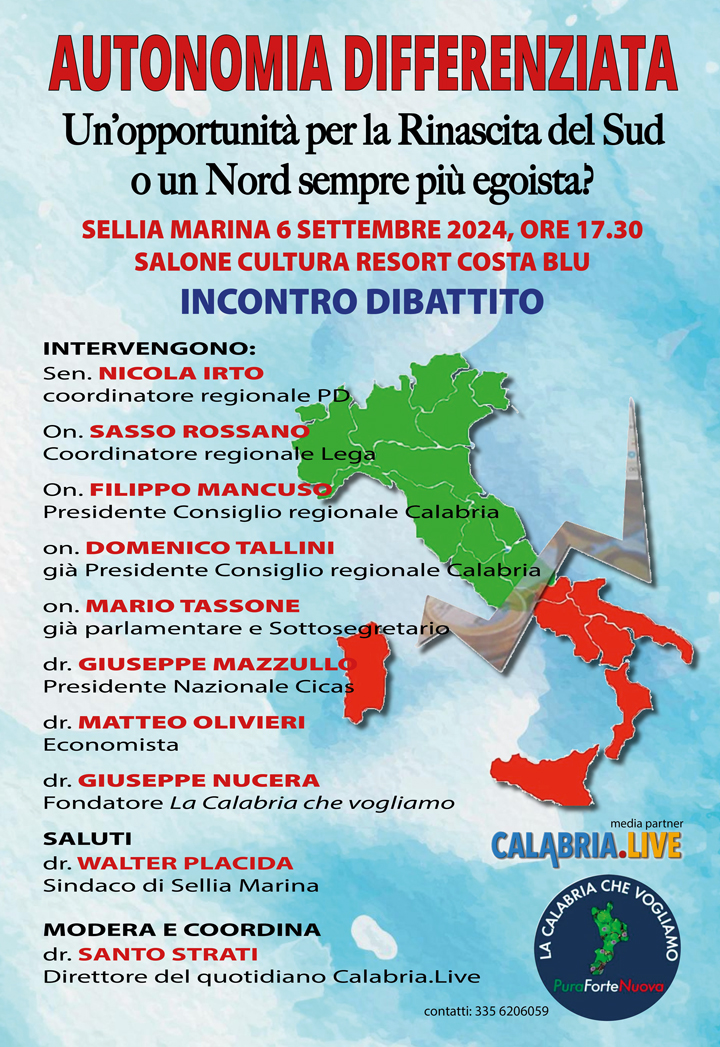 A Sellia Marina l'evento sull’autonomia differenziata: è un'opportunità per il Sud o il Nord è egoista?