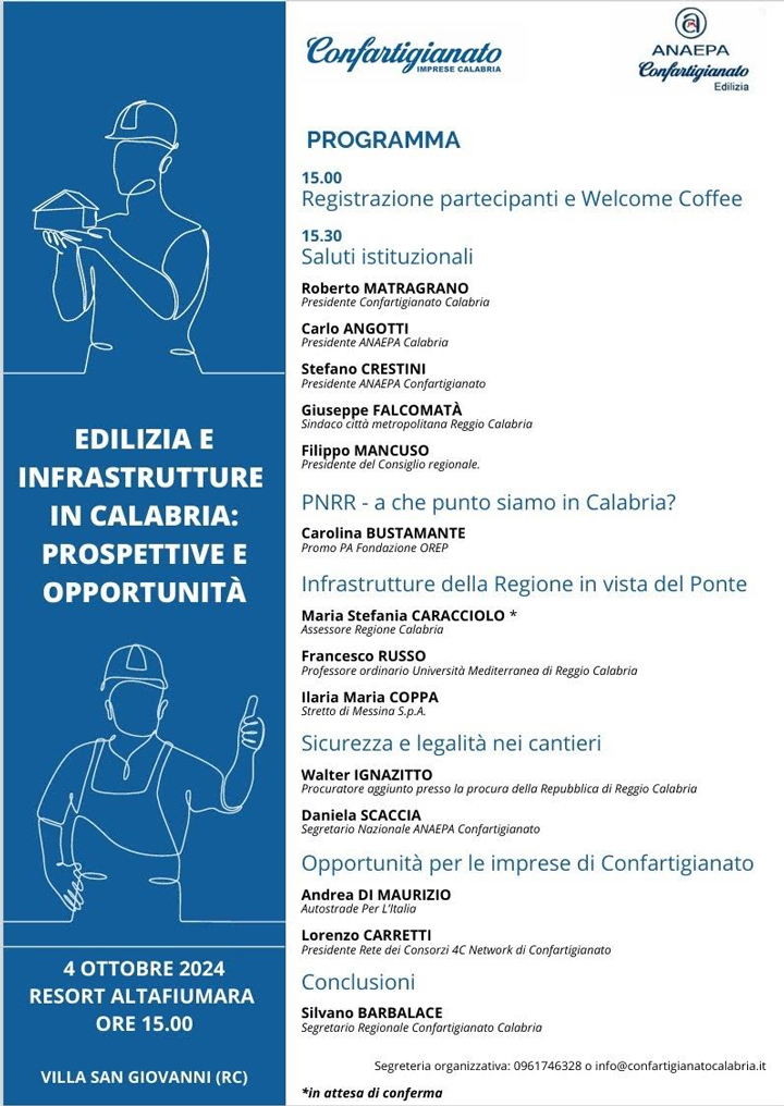 Venerdì a Villa San Giovanni il convegno "Edilizia e infrastrutture in Calabria"