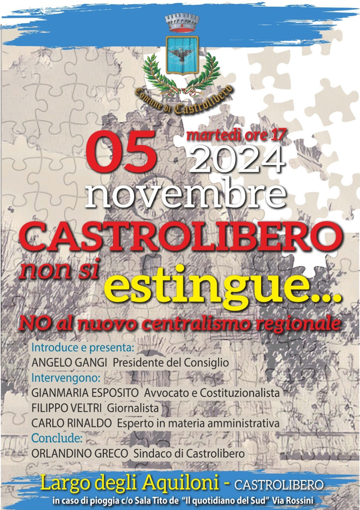 CASTROLIBERO (CS) - Il 5 novembre l'iniziativa pubblica "Castrolibero non si estingue"