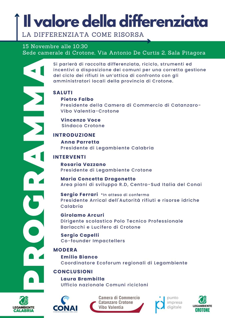 Venerdì a Crotone con Legambiente e Conai si parla del valore dell'indifferenziata