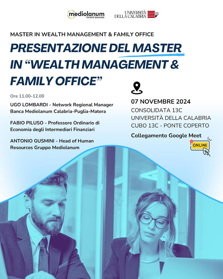 All'Unical si presenta il master di I livello in "Wealth Management & Family Office"