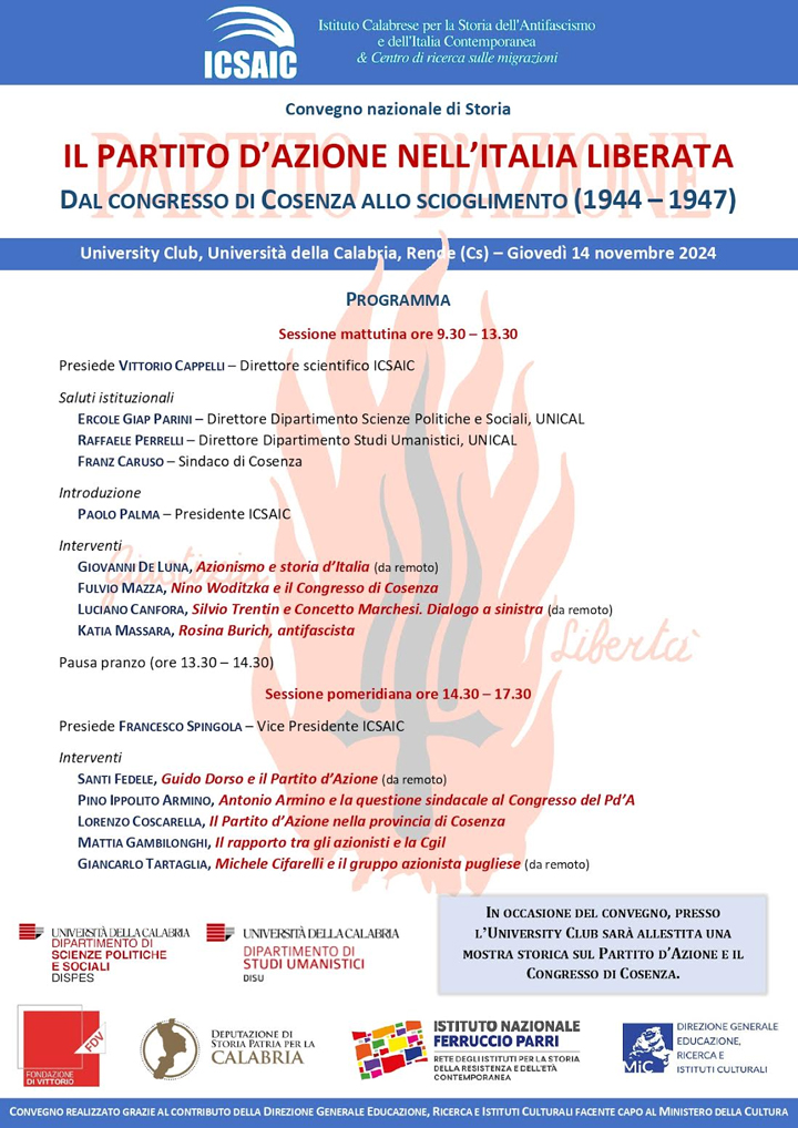 All'Unical il Convegno nazionale di Storia su "Il Partito d'Azione nell'Italia Liberata"