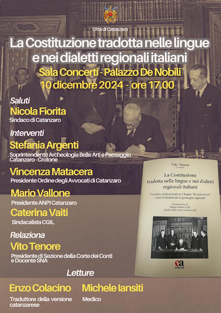 CATANZARO - Martedì "La Costituzione tradotta nelle lingue e nei dialetti regionali italiani"