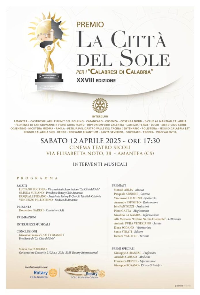 Sabato ad Amantea la 28esima edizione del Premio Città del Sole