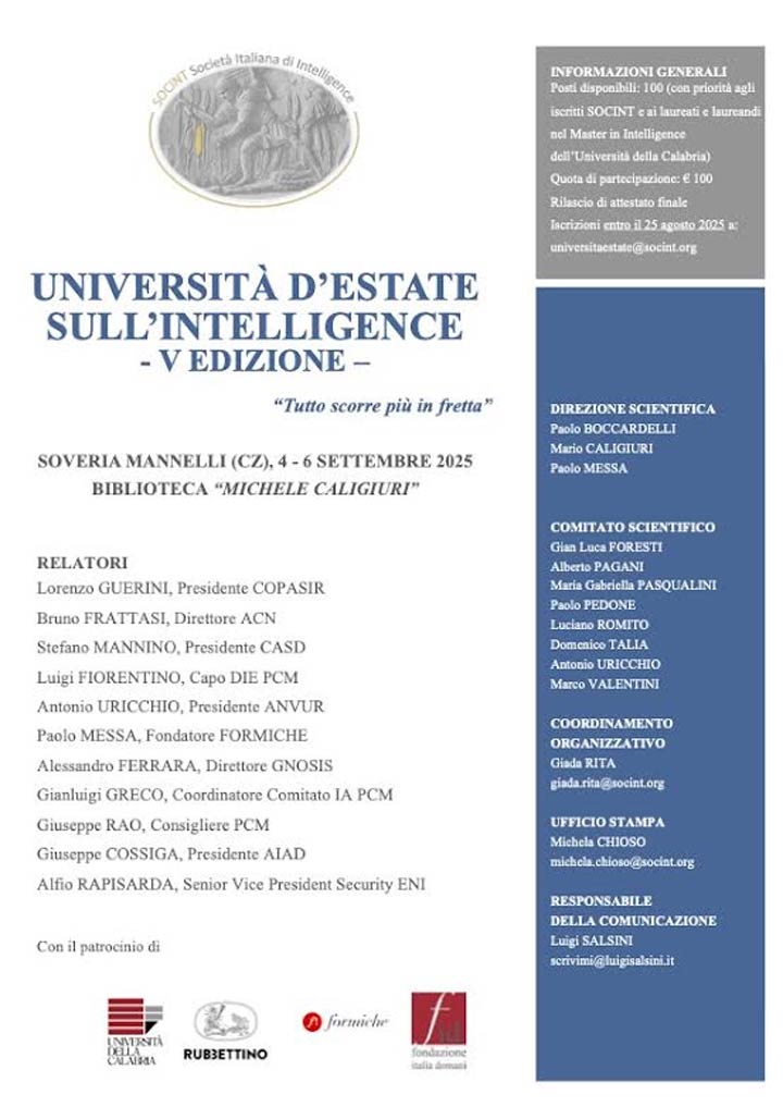 SOVERIA MANNELLI - Dal 4 settembre l’Università d’Estate sull’Intelligence