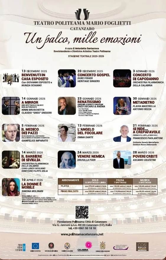 Il Cartellone inverno 2025 del Politeama Mario Foglietti di Catanzaro