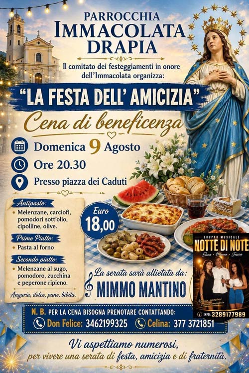 Festa dell'Amicizia il 9 agosto a Drapia (VV)