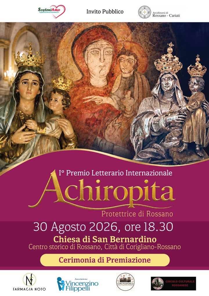 Il 30 agosto a Rossano il Primo Concorso Letterario Internazionale “Achiropita”.